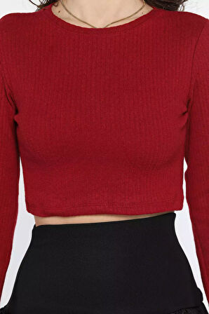 Kadın Bisiklet Yaka Kolu Pencereli Kaşkorse Crop Top Bluz