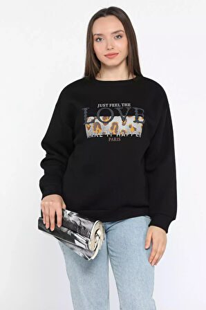 Kadın Bisiklet Yaka Üç İplik Şardonlu Sweatshirt