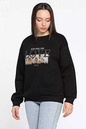 Kadın Bisiklet Yaka Üç İplik Şardonlu Sweatshirt