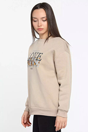Kadın Bisiklet Yaka Üç İplik Şardonlu Sweatshirt