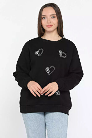Kadın Bisiklet Yaka Üç İplik Şardonlu Taş İşlemeli Sweatshirt