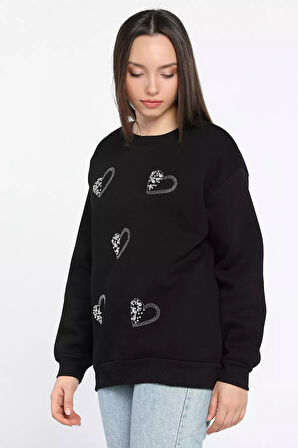 Kadın Bisiklet Yaka Üç İplik Şardonlu Taş İşlemeli Sweatshirt