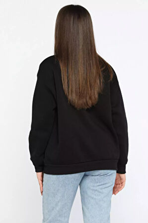 Kadın Bisiklet Yaka Üç İplik Şardonlu Taş İşlemeli Sweatshirt