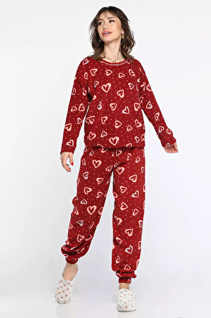 Kadın Bisiklet Yaka Kalp Desenli Polar Pijama Takımı