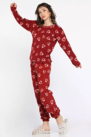Kadın Bisiklet Yaka Kalp Desenli Polar Pijama Takımı