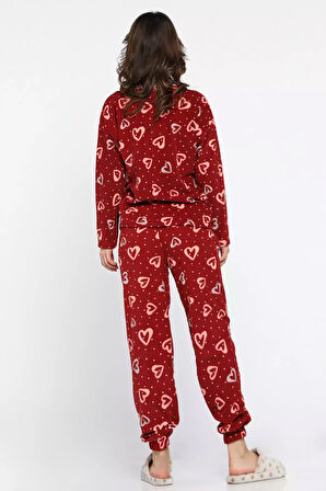 Kadın Bisiklet Yaka Kalp Desenli Polar Pijama Takımı