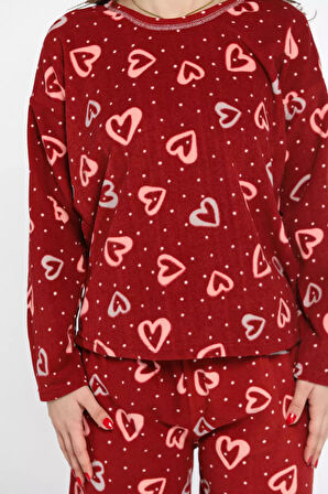 Kadın Bisiklet Yaka Kalp Desenli Polar Pijama Takımı