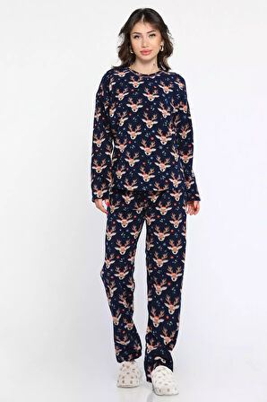 Kadın Bisiklet Yaka Geyik Desenli Polar Pijama Takımı
