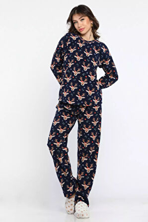 Kadın Bisiklet Yaka Geyik Desenli Polar Pijama Takımı
