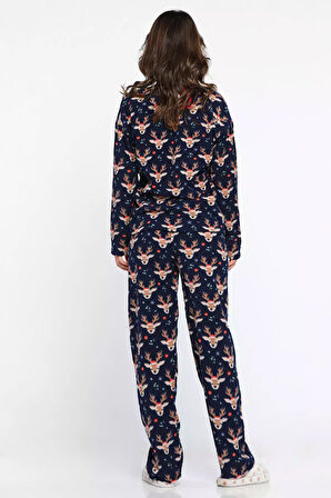 Kadın Bisiklet Yaka Geyik Desenli Polar Pijama Takımı