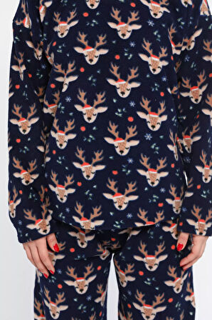 Kadın Bisiklet Yaka Geyik Desenli Polar Pijama Takımı