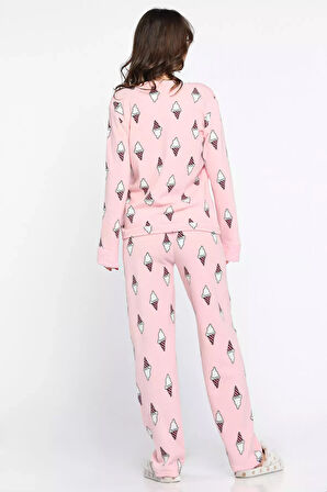 Kadın Bisiklet Yaka Desenli Polar Pijama Takımı