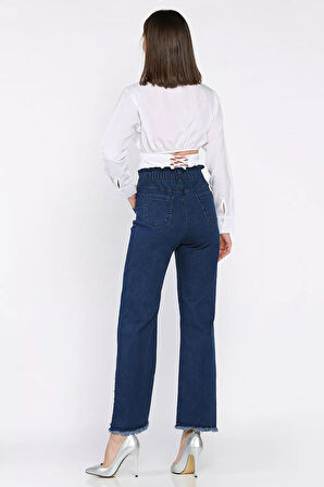 Kadın Yüksek Bel Paça Püsküllü Taş Detaylı Likralı Jean Kot Pantolon