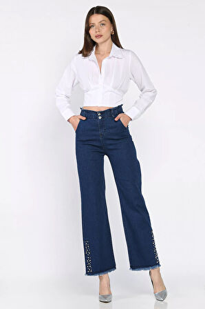 Kadın Yüksek Bel Paça Püsküllü Taş Detaylı Likralı Jean Kot Pantolon