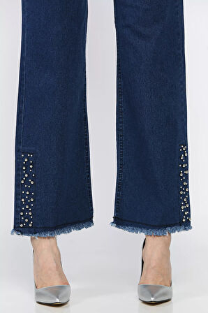 Kadın Yüksek Bel Paça Püsküllü Taş Detaylı Likralı Jean Kot Pantolon