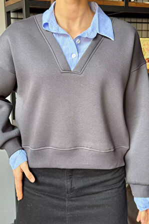 Kadın Üç İplik Şardonlu Gömlek Garnili Sweatshirt