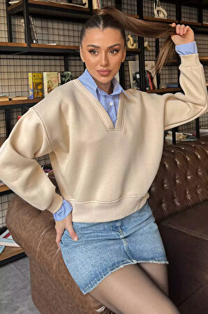 Kadın Üç İplik Şardonlu Gömlek Garnili Sweatshirt