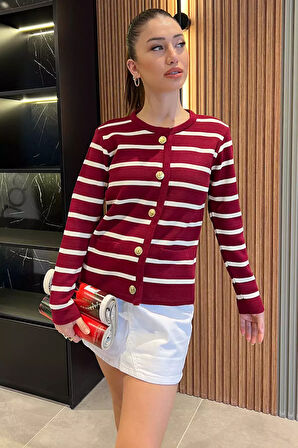 Kadın Ön Düğmeli Çizgi Desenli Triko Hırka (s-m-l Beden Uyumludur)