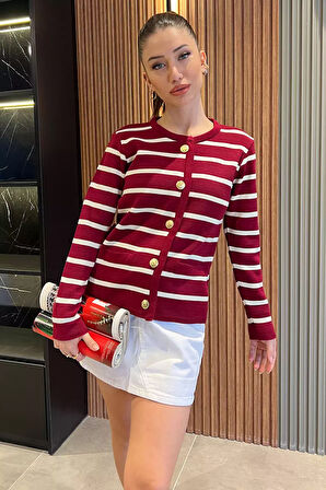 Kadın Ön Düğmeli Çizgi Desenli Triko Hırka (s-m-l Beden Uyumludur)