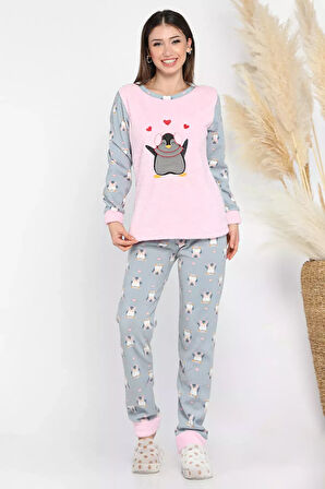 Penguen Desenli Kadın Polar Pijama Takımı