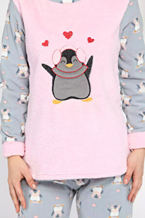 Penguen Desenli Kadın Polar Pijama Takımı