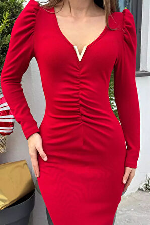 Kadın V Yaka Gold Toka Detaylı Ön Büzgülü Likralı Elbise