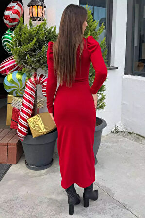 Kadın V Yaka Gold Toka Detaylı Ön Büzgülü Likralı Elbise