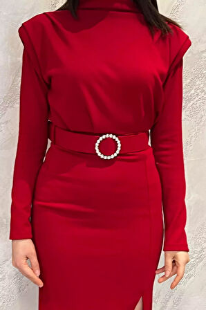 Kadın Omuz Vatkalı Taşlı Kemerli Yırtmaçlı Triko Elbise