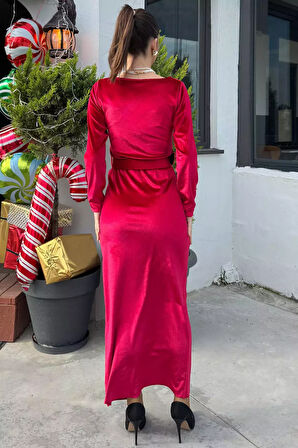 Kadın Kare Yaka Ön Büzgülü Taşlı Kemerli Kadife Elbise