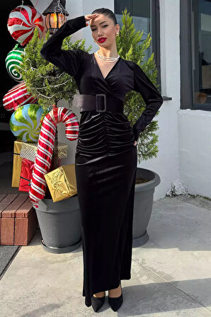 Kadın Kruvaze Yaka Ön Büzgülü Kemer Detaylı Kadife Elbise