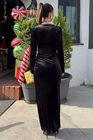 Kadın Kruvaze Yaka Ön Büzgülü Kemer Detaylı Kadife Elbise