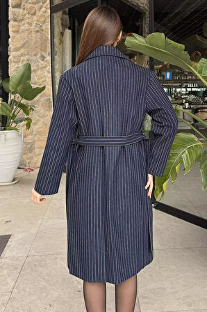 Kadın Çizgi Desenli Astarlı Bel Kuşaklı Kaşe Kaban