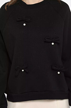 Kadın Kurdele İnci Detaylı Bisiklet Yaka Şardonlu Sweatshirt