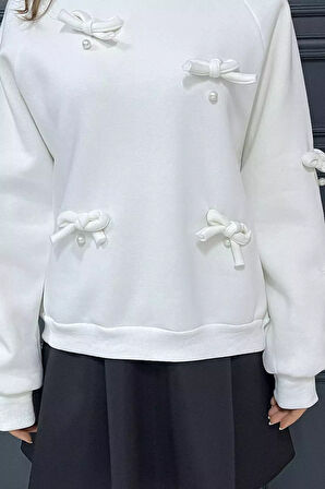 Kadın Kurdele İnci Detaylı Bisiklet Yaka Şardonlu Sweatshirt