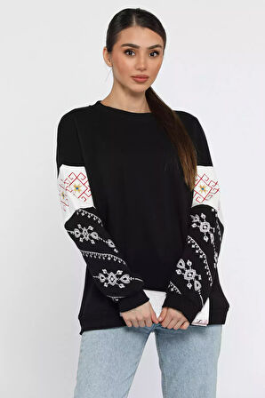 Kol Nakışlı Kadın Şardonlu Bisiklet Yaka Sweatshirt