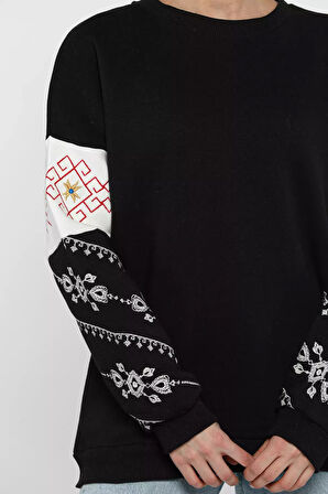Kol Nakışlı Kadın Şardonlu Bisiklet Yaka Sweatshirt