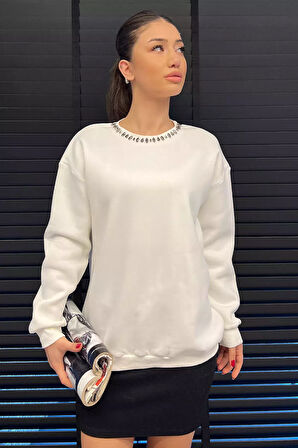Bisiklet Yaka Taş Detaylı Şardonlu Sweatshirt