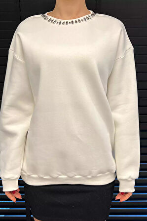 Bisiklet Yaka Taş Detaylı Şardonlu Sweatshirt
