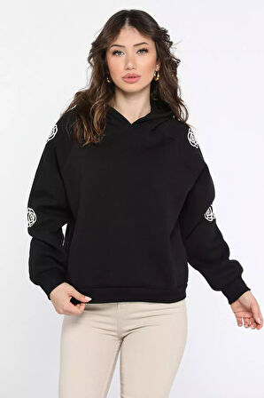 Kadın Kapüşonlu Kol Nakış Detaylı Şardonlu Sweatshirt