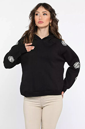 Kadın Kapüşonlu Kol Nakış Detaylı Şardonlu Sweatshirt