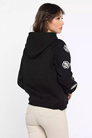 Kadın Kapüşonlu Kol Nakış Detaylı Şardonlu Sweatshirt