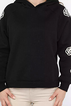 Kadın Kapüşonlu Kol Nakış Detaylı Şardonlu Sweatshirt