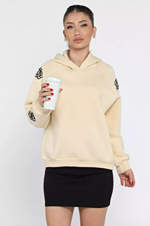 Kadın Kapüşonlu Kol Nakış Detaylı Şardonlu Sweatshirt