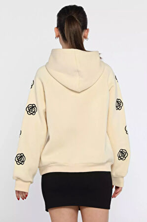 Kadın Kapüşonlu Kol Nakış Detaylı Şardonlu Sweatshirt