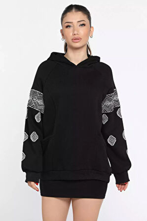 Kadın Kapüşonlu Şardonlu Kol Nakışlı Sweatshirt