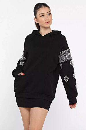 Kadın Kapüşonlu Şardonlu Kol Nakışlı Sweatshirt