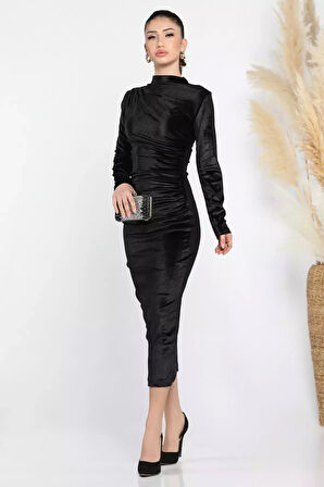 Kadın Dik Yaka Omuz Ve Bel Büzgülü Likralı Kadife Elbise