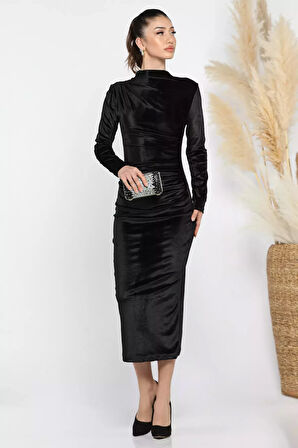 Kadın Dik Yaka Omuz Ve Bel Büzgülü Likralı Kadife Elbise