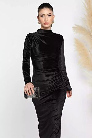 Kadın Dik Yaka Omuz Ve Bel Büzgülü Likralı Kadife Elbise