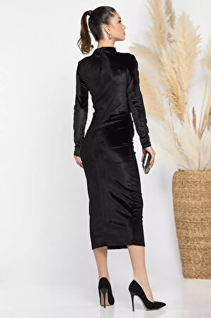 Kadın Dik Yaka Omuz Ve Bel Büzgülü Likralı Kadife Elbise